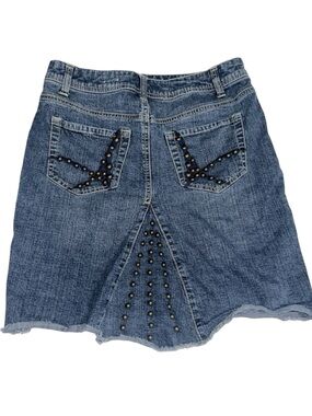 Vintage Embellished Blue Denim Fringe Hem Jean Skirt Late 90s Y2K Size 7 EUC